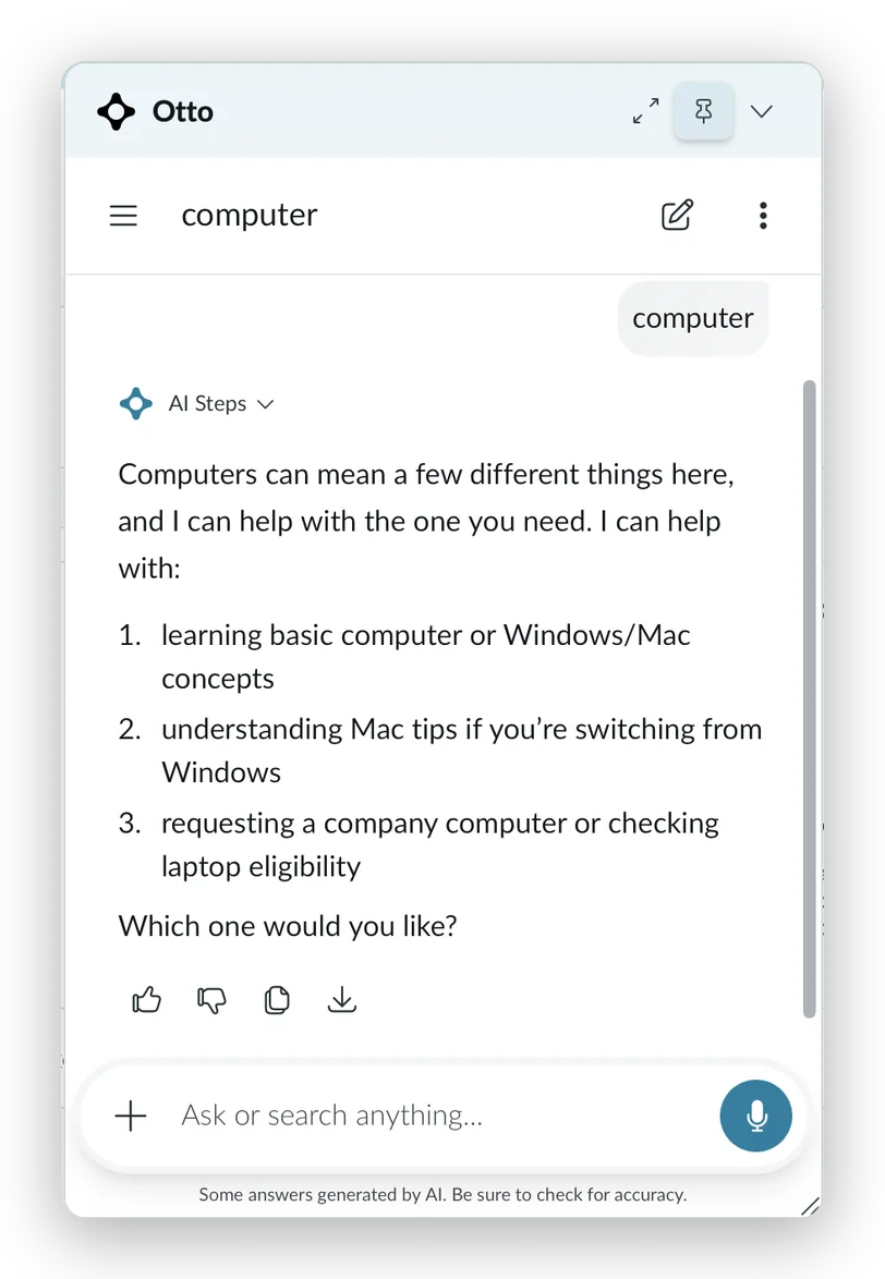Otto answering the one-word query &ldquo;computer&rdquo; by naming the readings it could mean and asking which one