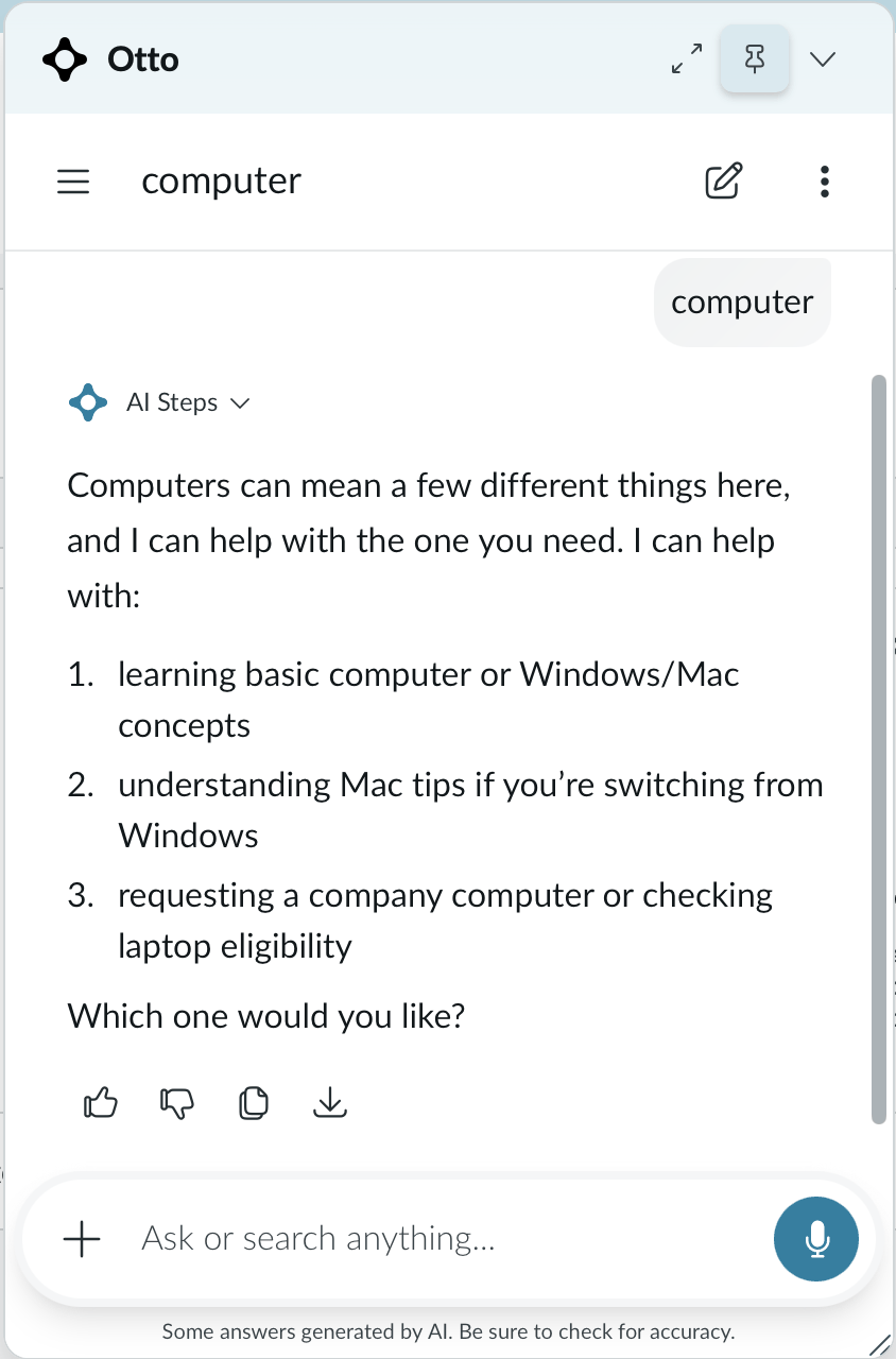 Otto in production. A user types the single word "computer", and Otto replies that computers can mean a few different things here, offers three plain-language options, and asks which one the user wants.