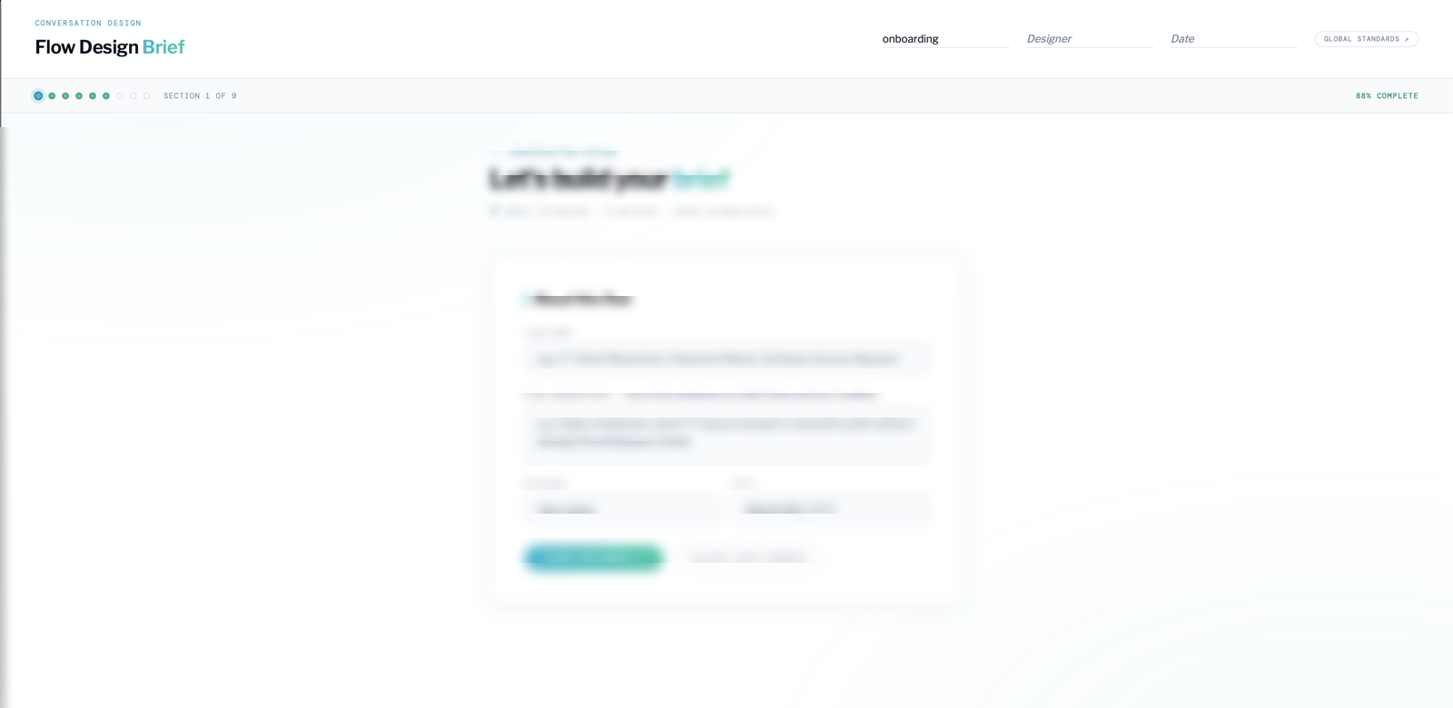 The Conversation Design Brief playbook landing page, showing its six steps