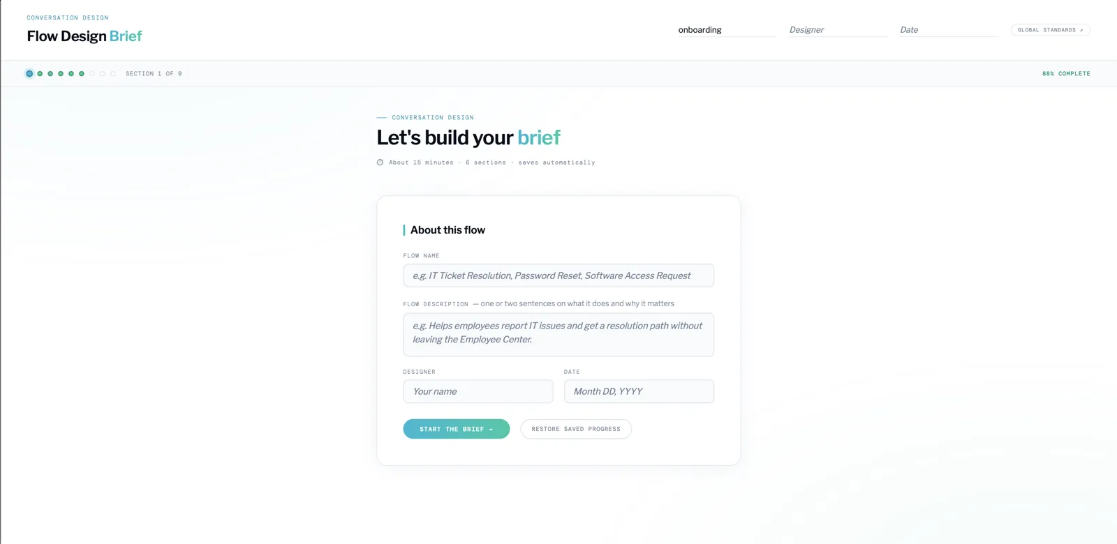 The Conversation Design Brief playbook landing page, showing its six steps