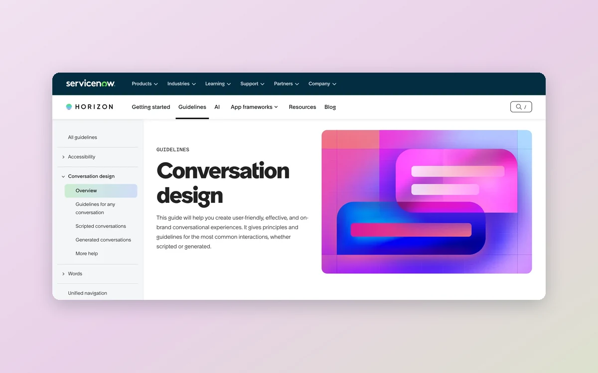 The Conversation design guidelines published in ServiceNow&rsquo;s Horizon design system