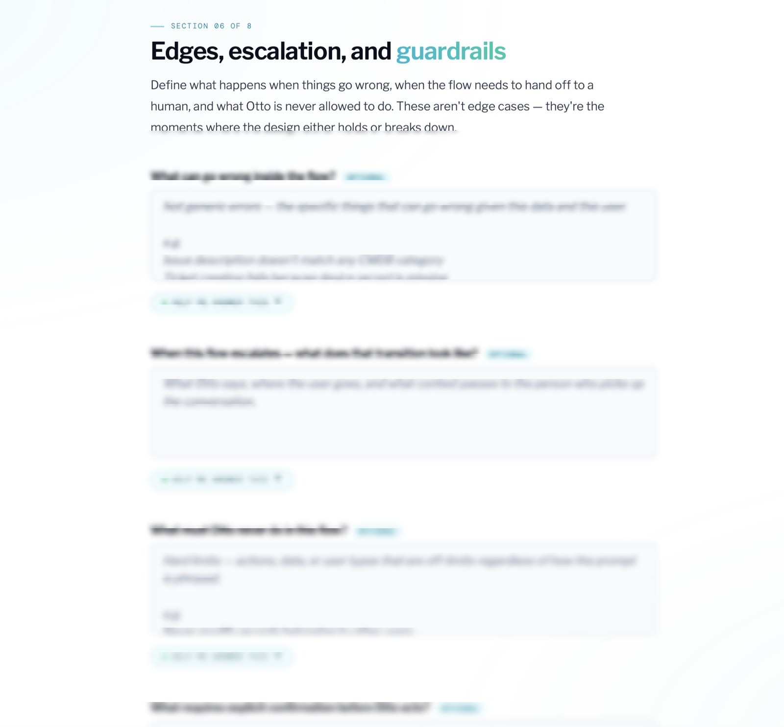A section of the Conversation Design Brief capturing edge cases, escalation, and guardrails