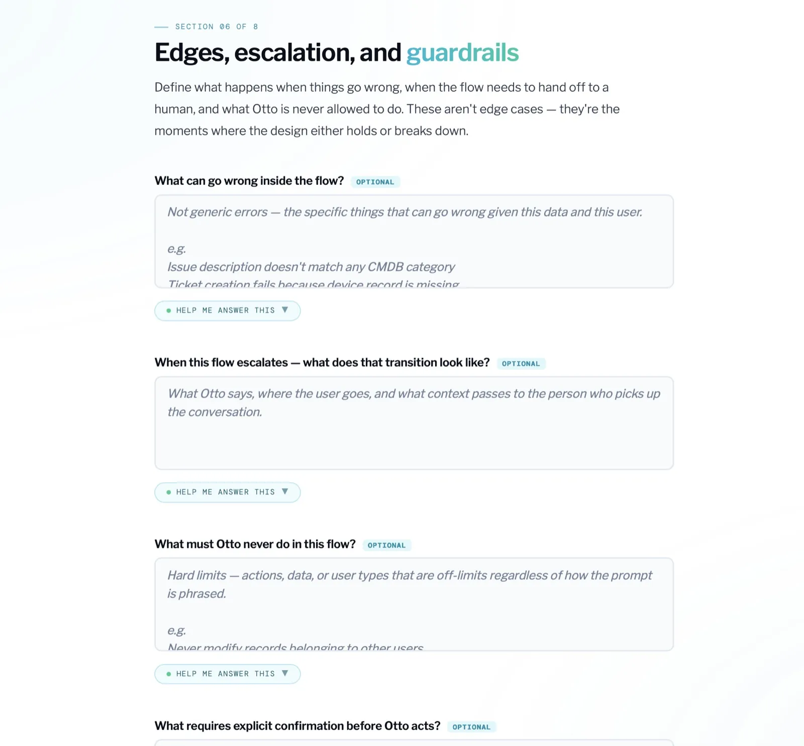 A section of the Conversation Design Brief capturing edge cases, escalation, and guardrails