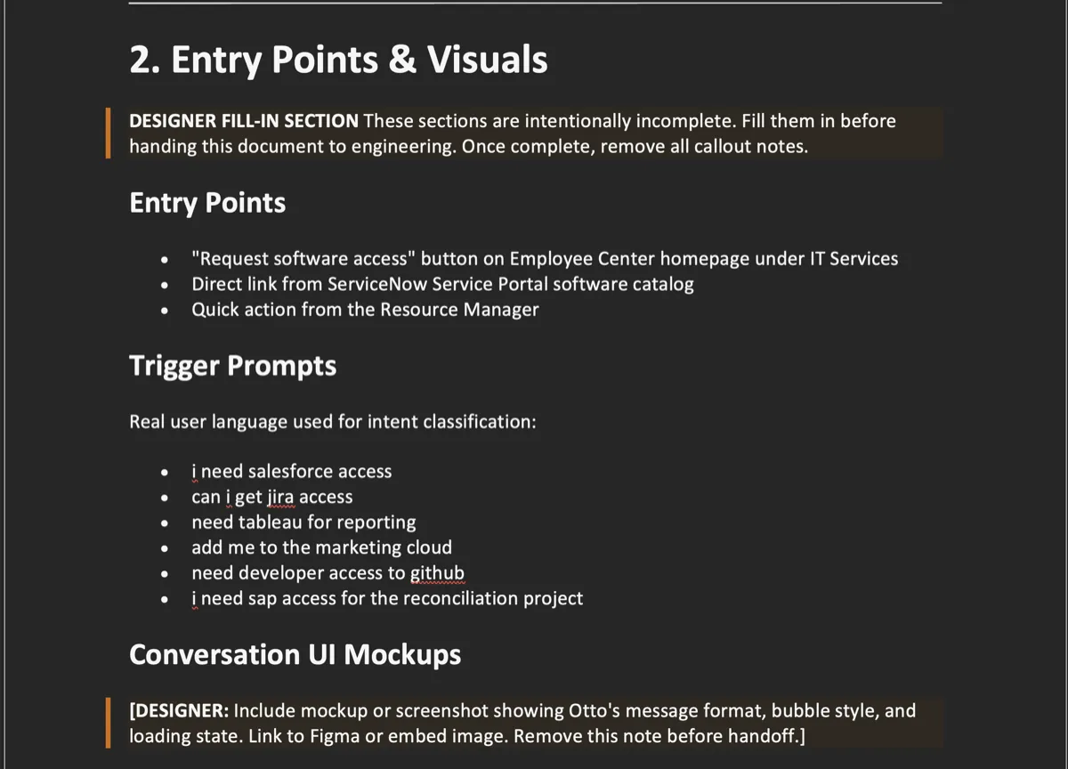 The entry prompt section of the engineering handoff document