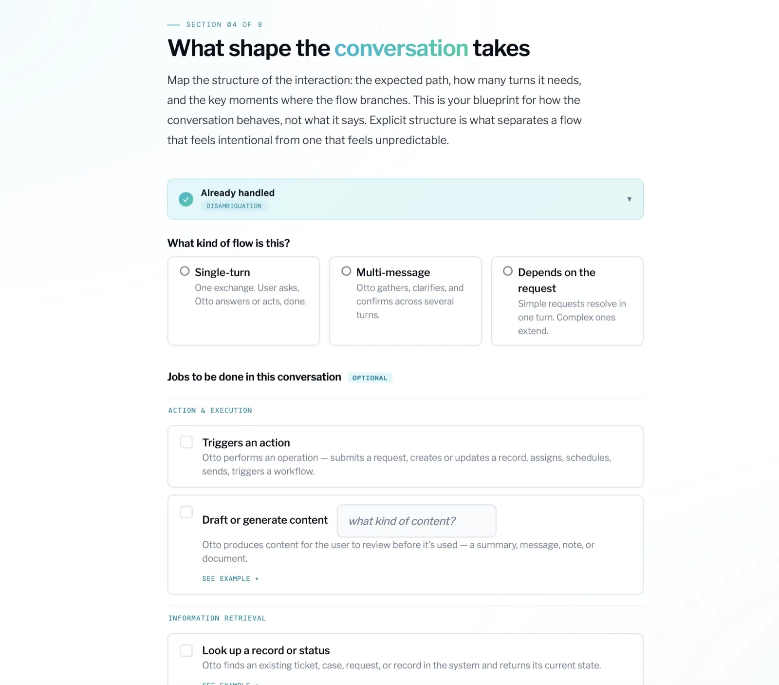 A Brief screen for mapping what shape the conversation takes: single-turn, multi-message, or depends on the request