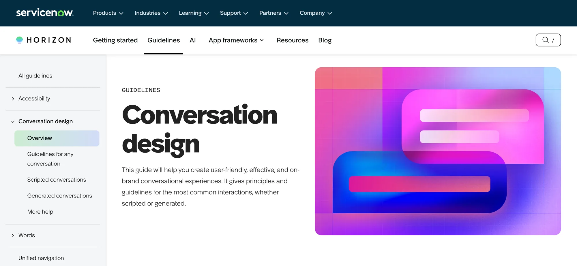 The conversation design principles published in Horizon, ServiceNow's design system