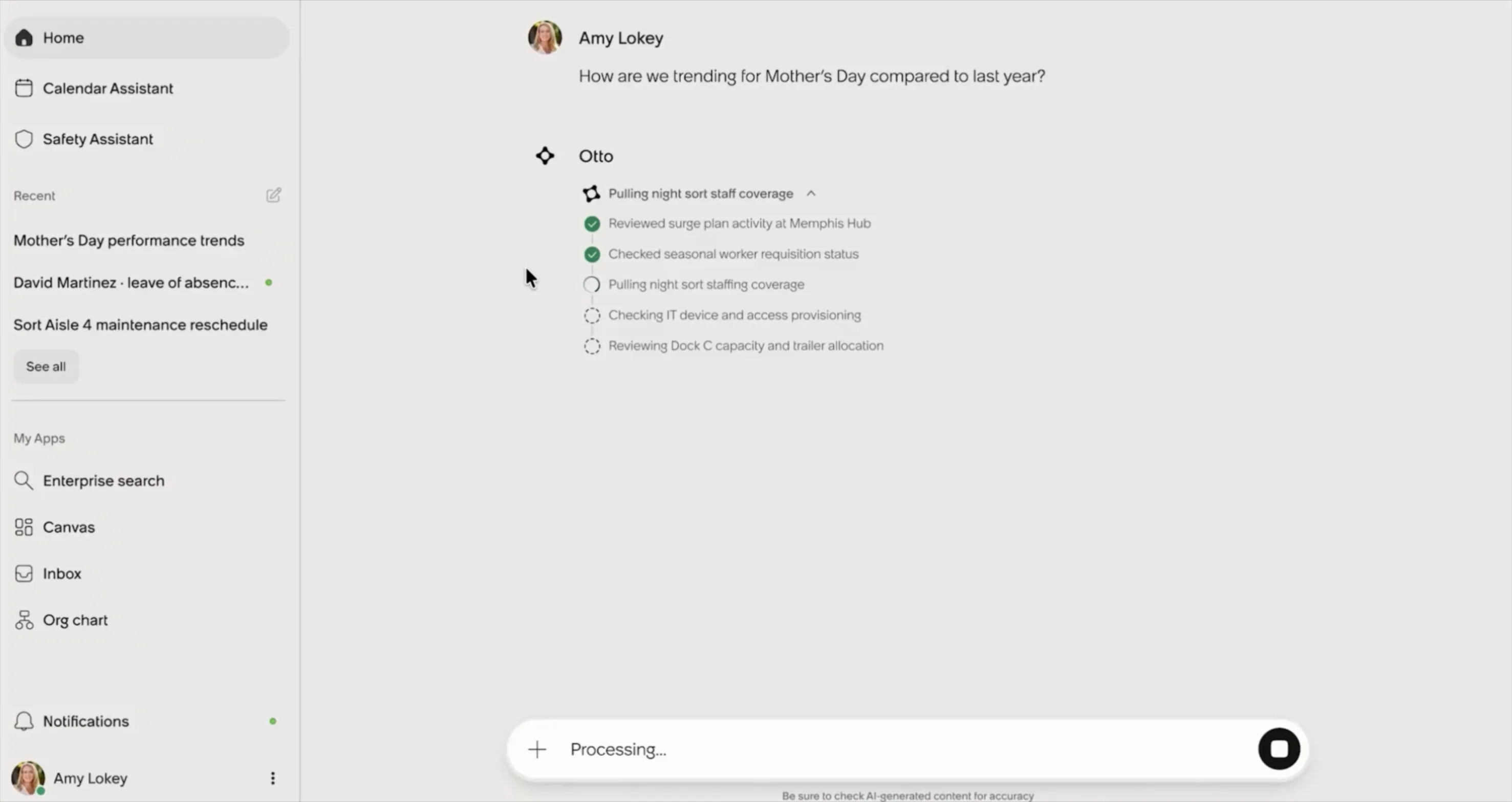 Otto in production: a user asks how Mother&rsquo;s Day is trending compared to last year, and the AI Steps panel reports the agent&rsquo;s work in task language. Two steps are complete (reviewed surge plan activity at Memphis Hub, checked seasonal worker requisition status), one is in progress, and two are still pending.