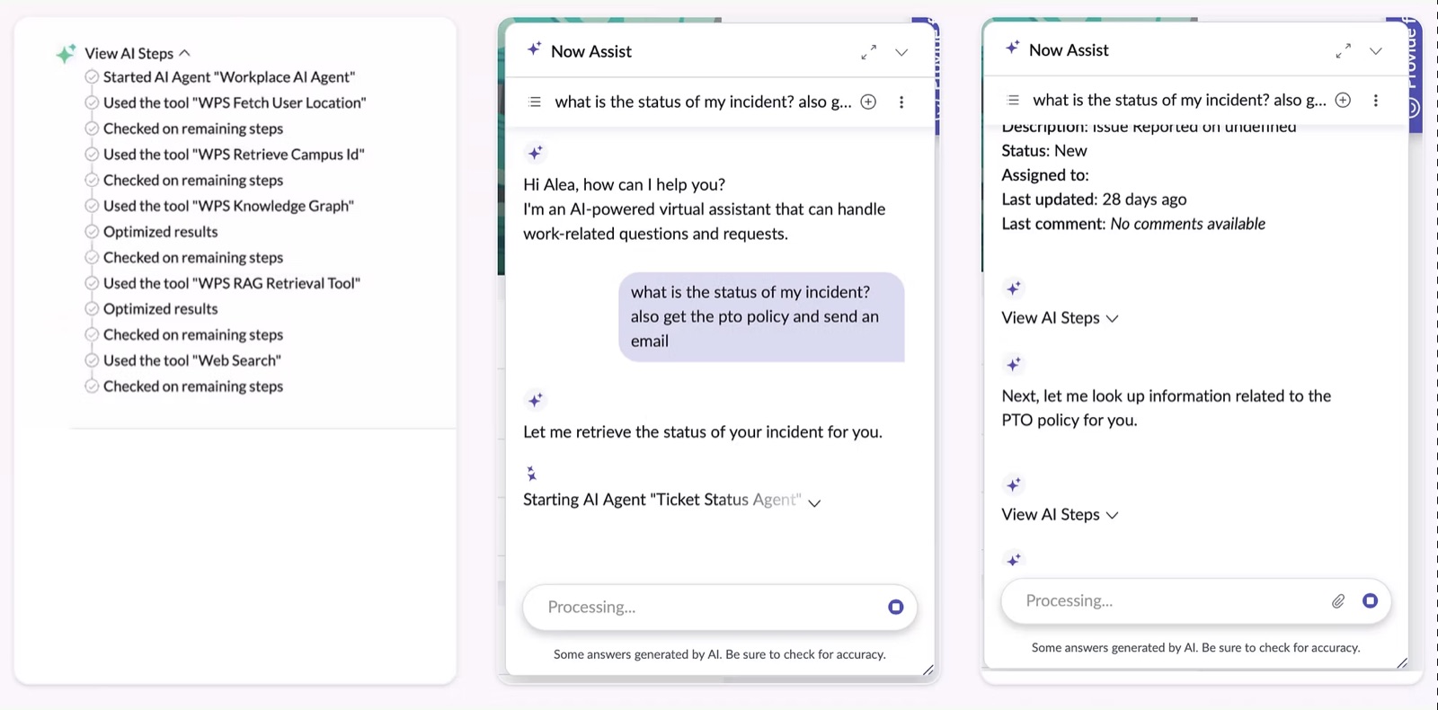 The original Now Assist processing panel: an expanded 'View AI Steps' list showing raw backend names like 'Used the tool WPS Fetch User Location' and 'Used the tool WPS Knowledge Graph,' next to the live chat thread mid-response.
