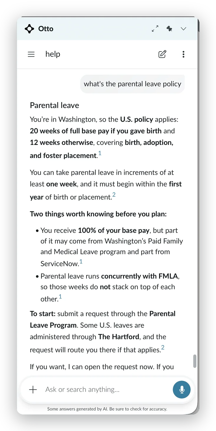 A shipped Otto answer to &ldquo;what&rsquo;s the parental leave policy&rdquo;: it leads with the answer, names the policy that applies to where the user works, and cites its source