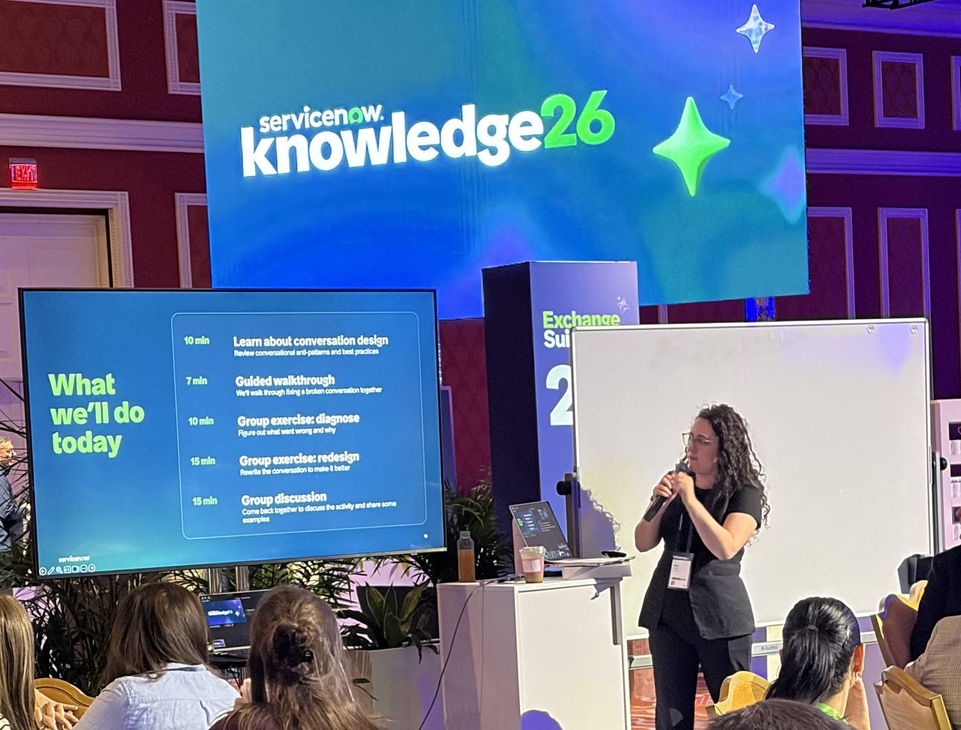 Alea Abrams presenting the conversation design workshop at ServiceNow Knowledge 2026, beside a slide listing the session agenda